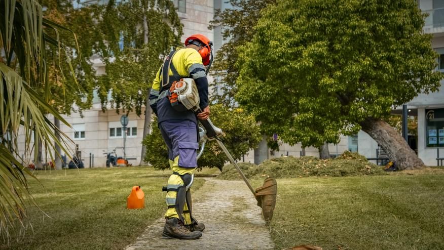 Corte de relva e varredora em a&ccedil;&atilde;o